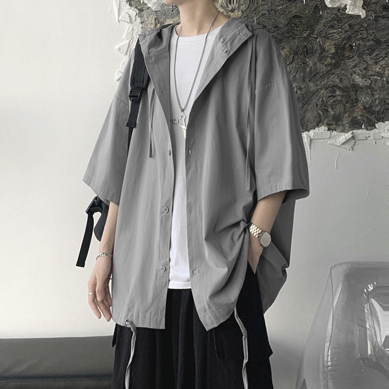 日系純色涼爽港風連帽五分袖薄款寬鬆開衫-Nuostyle