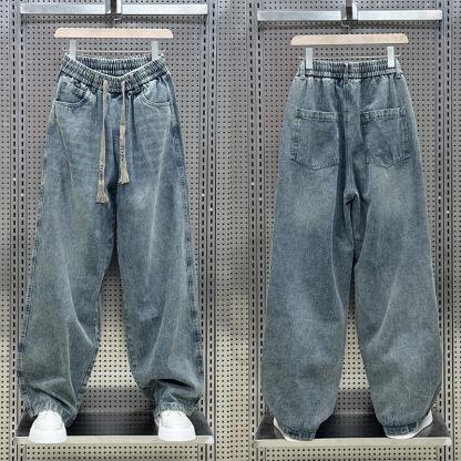 港味刷毛潮酷炸街痞帥直筒寬鬆闊腿牛仔褲