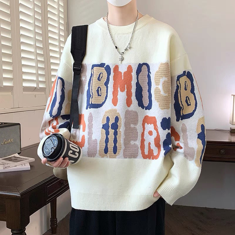 帥氣潮流時尚寬鬆字母撞色毛衣針織衫
