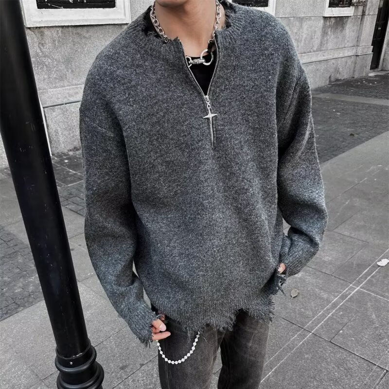 美式半拉鍊不規則毛邊寬鬆慵懶風設計感針織毛衣