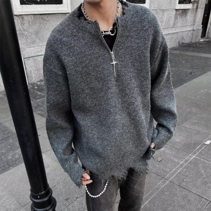 美式半拉鍊不規則毛邊寬鬆慵懶風設計感針織毛衣