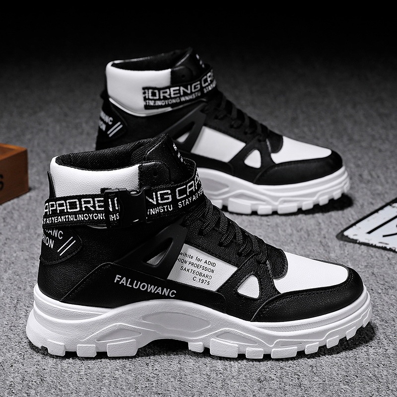 潮流百搭圓頭高幫馬丁靴印花拼接鞋靴