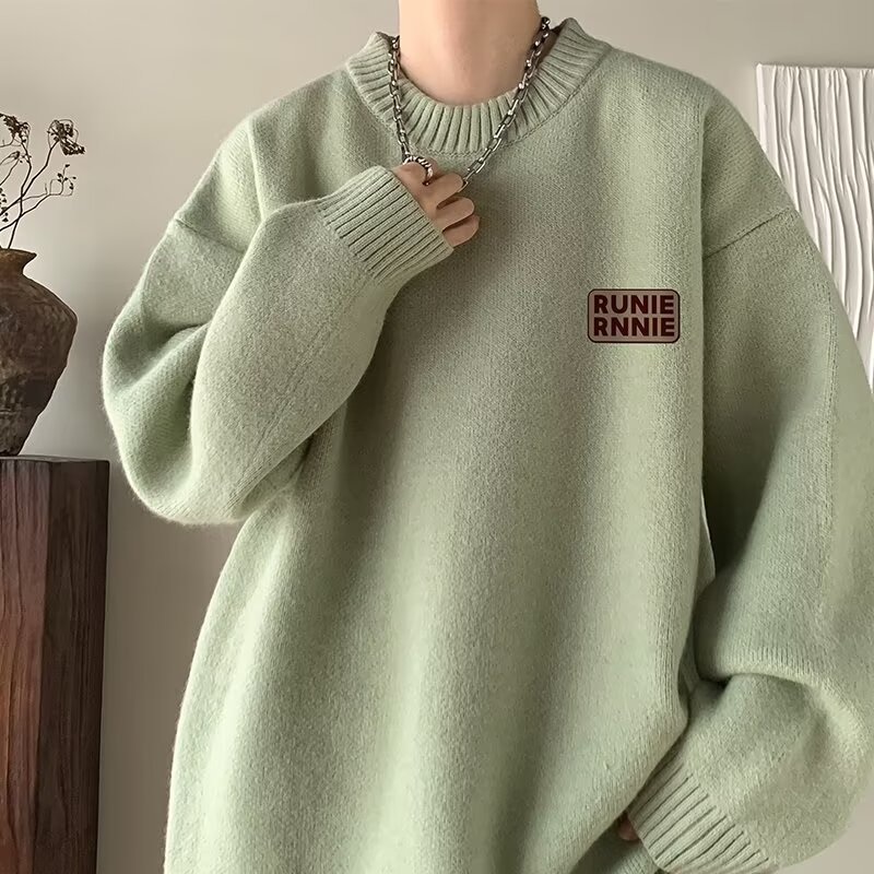 加厚慵懶風休閒寬鬆型素色長袖圓領針織毛衣