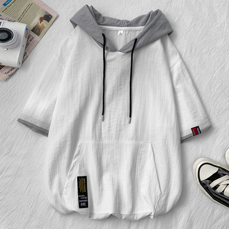 拼接潮流日系撞色套頭半袖連帽T