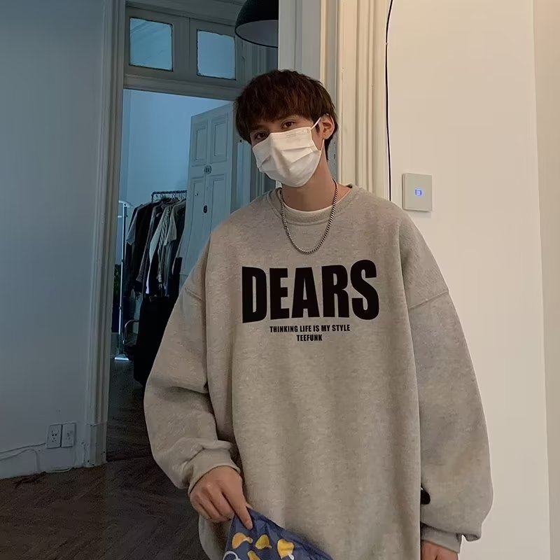 圓領刷毛字母印花大碼寬鬆重磅港風長袖T恤