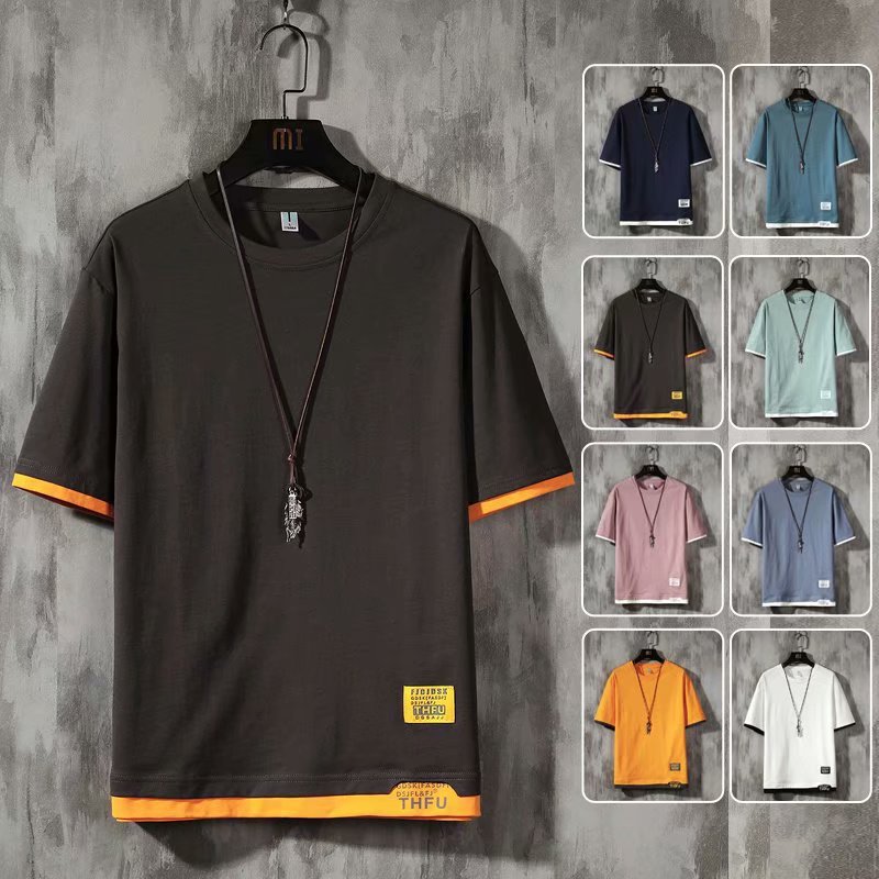 Ins潮流寬鬆港風五分半袖假兩件短袖t恤-Nuostyle