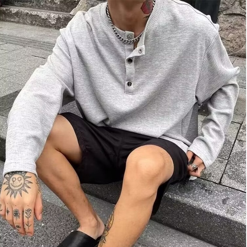 寬鬆休閒美式復古純色打底衫紐扣套頭長袖t恤