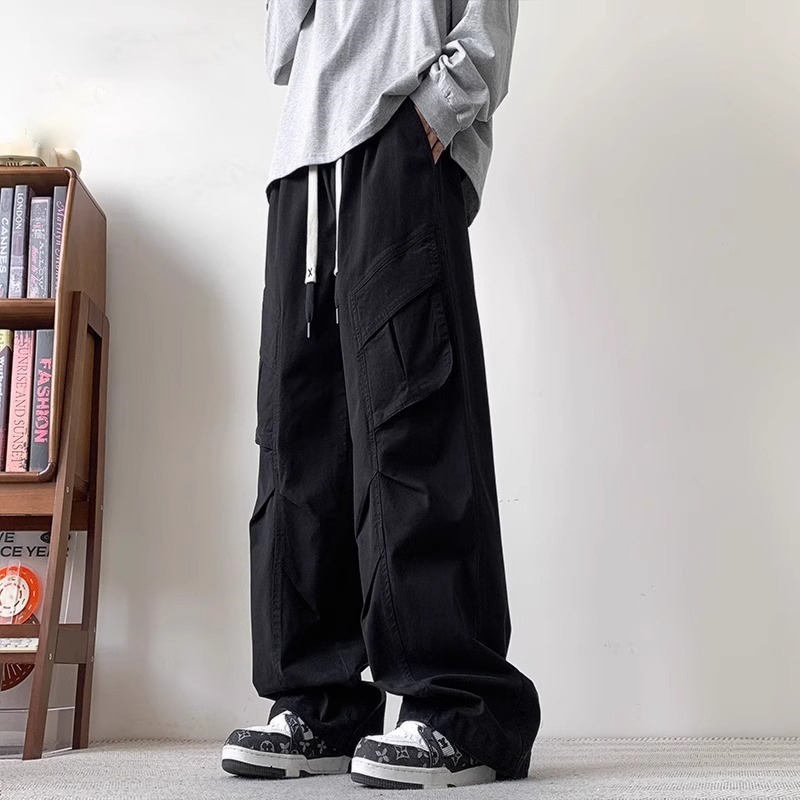 美式大碼寬鬆直筒潮流休閒褶皺闊腿工裝褲