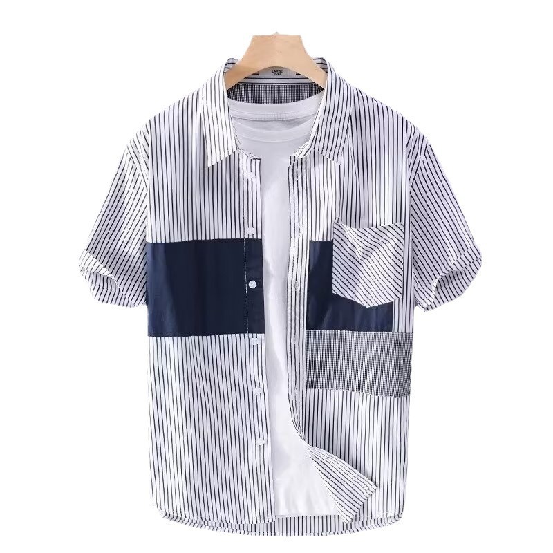 拼接撞色翻領條紋休閒時尚簡約港風襯衫