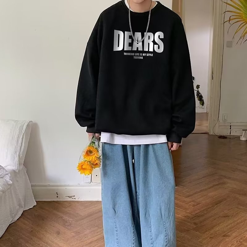 圓領刷毛字母印花大碼寬鬆重磅港風長袖T恤