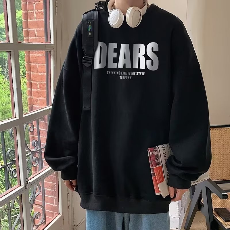 圓領刷毛字母印花大碼寬鬆重磅港風長袖T恤