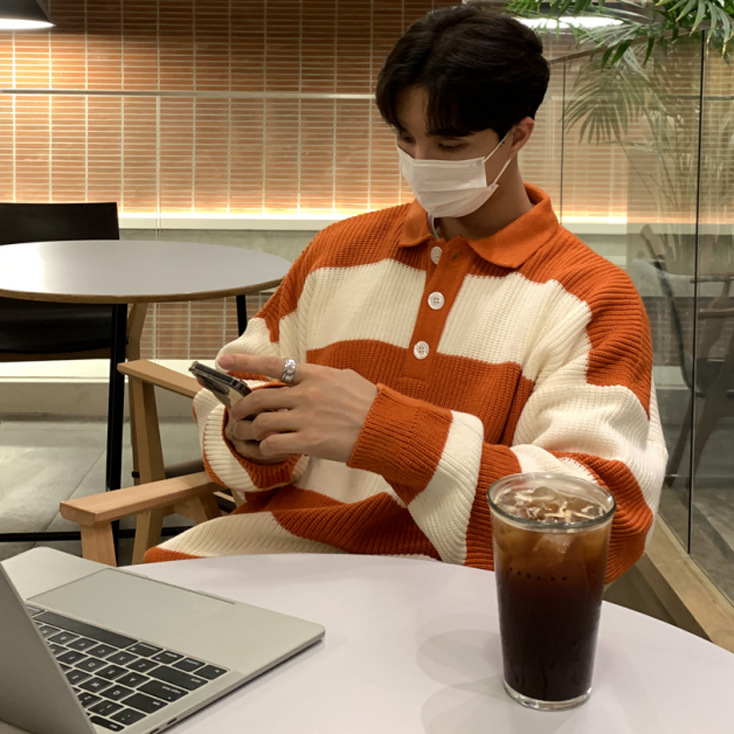 POLO衫翻領條紋寬鬆慵懶風針織衫毛衣