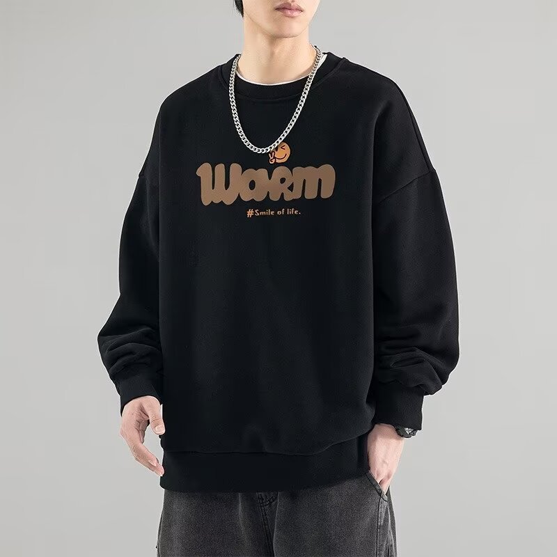 圓領刷毛打底衫寬鬆大碼加厚印花長袖T恤