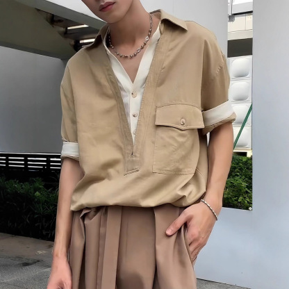 美式復古工裝假兩件日系拼接高級感長袖襯衫