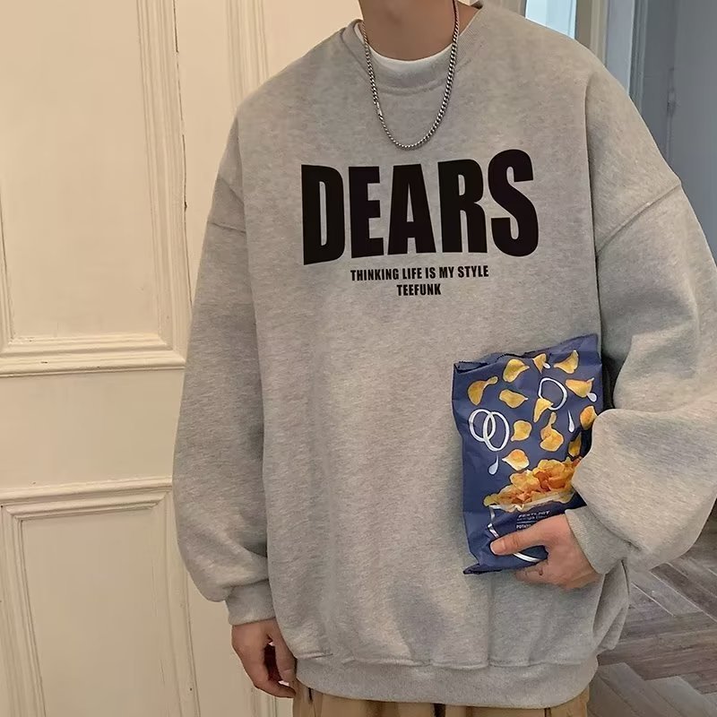 圓領刷毛字母印花大碼寬鬆重磅港風長袖T恤