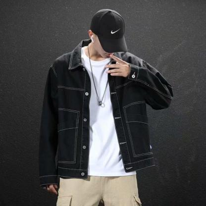 潮牌明線工裝翻領單排扣長袖夾克