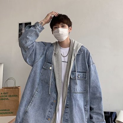 帶帽子夾克連帽休閒工裝牛仔假兩件外套