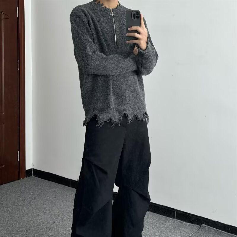 美式半拉鍊不規則毛邊寬鬆慵懶風設計感針織毛衣