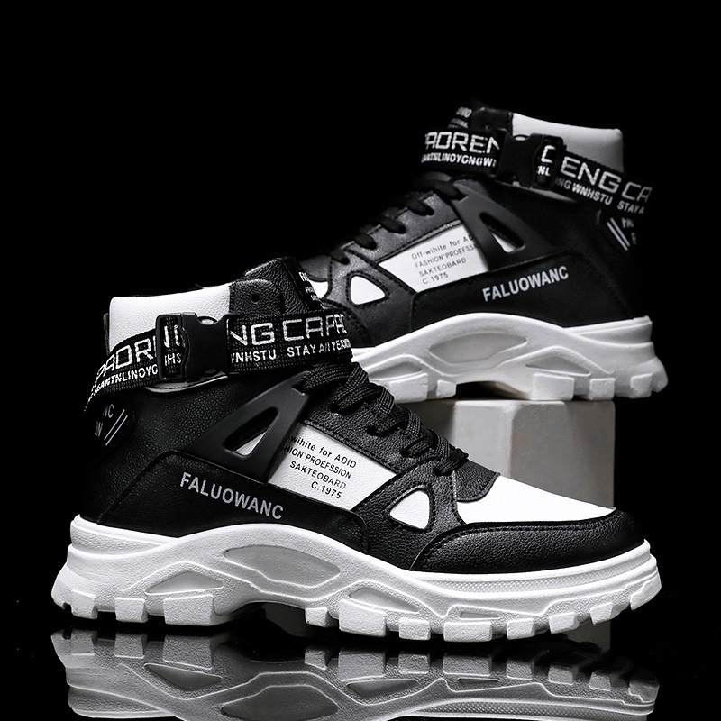 潮流百搭圓頭高幫馬丁靴印花拼接鞋靴