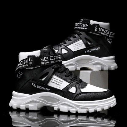 潮流百搭圓頭高幫馬丁靴印花拼接鞋靴