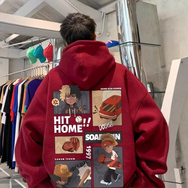 春秋款寬鬆美式重磅休閒套頭休閑印花連帽T