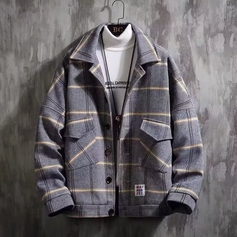 寬鬆時尚格子拼色毛呢大衣短款潮流帥氣外套