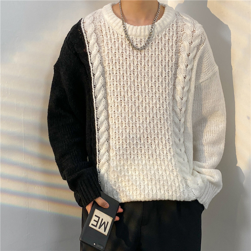 美式復古高街潮牌休閒百搭圓領粗針織毛衣