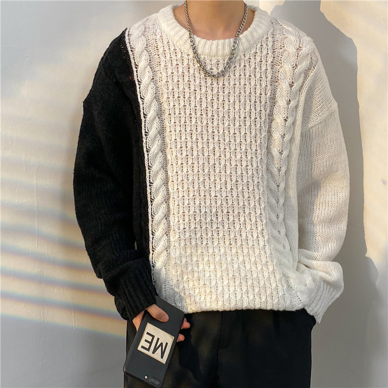 美式復古高街潮牌休閒百搭圓領粗針織毛衣