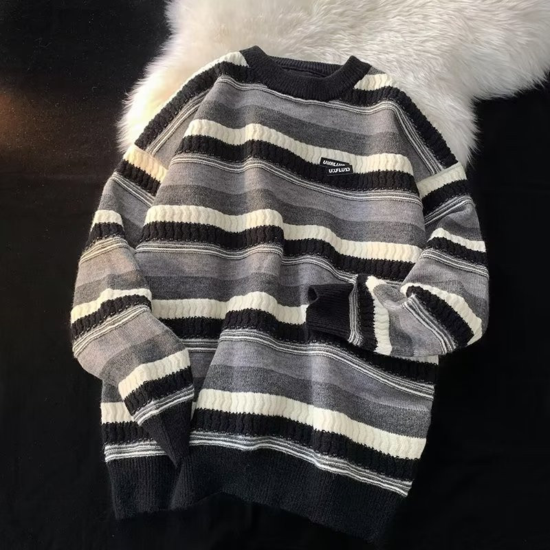 設計感日系情侶寬鬆潮流打底條紋圓領針織毛衣