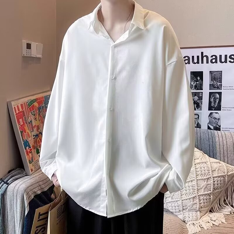 痞帥薄款冰絲垂感休閒大碼寬鬆長袖襯衫-NitSoon