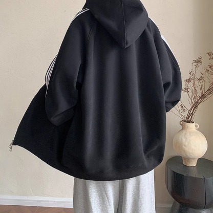 日系復古寬鬆休閒拉鏈條紋連帽外套