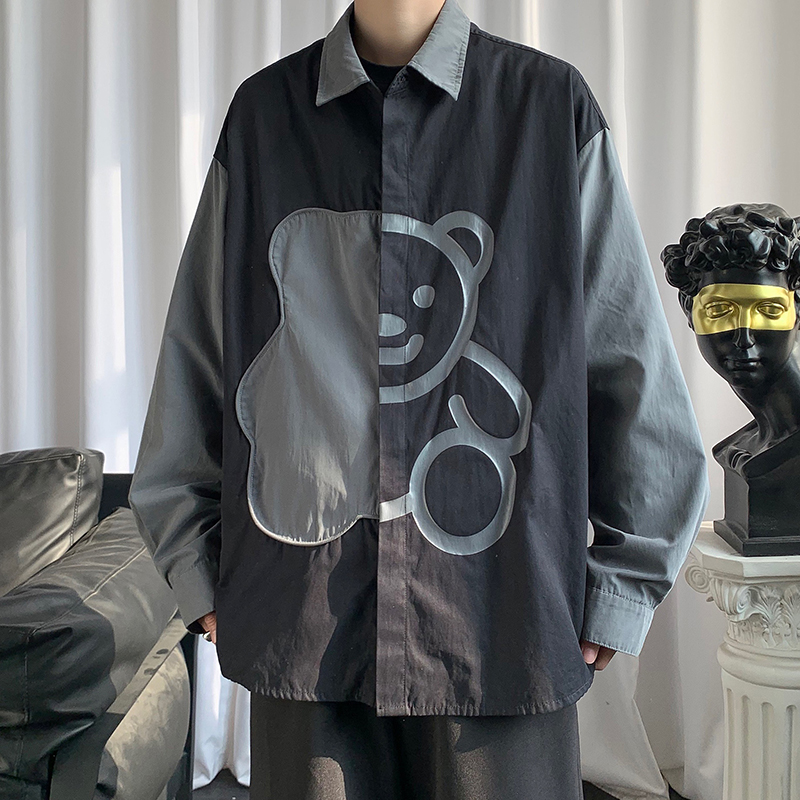 設計感小眾寬鬆bf風長袖趣味小熊拼接襯衫-NitSoon