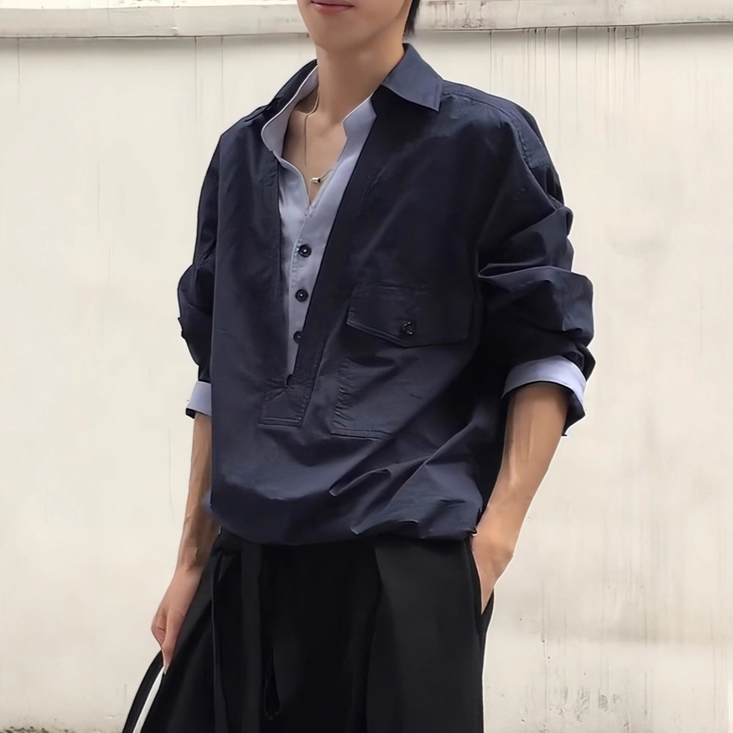 美式復古工裝假兩件日系拼接高級感長袖襯衫