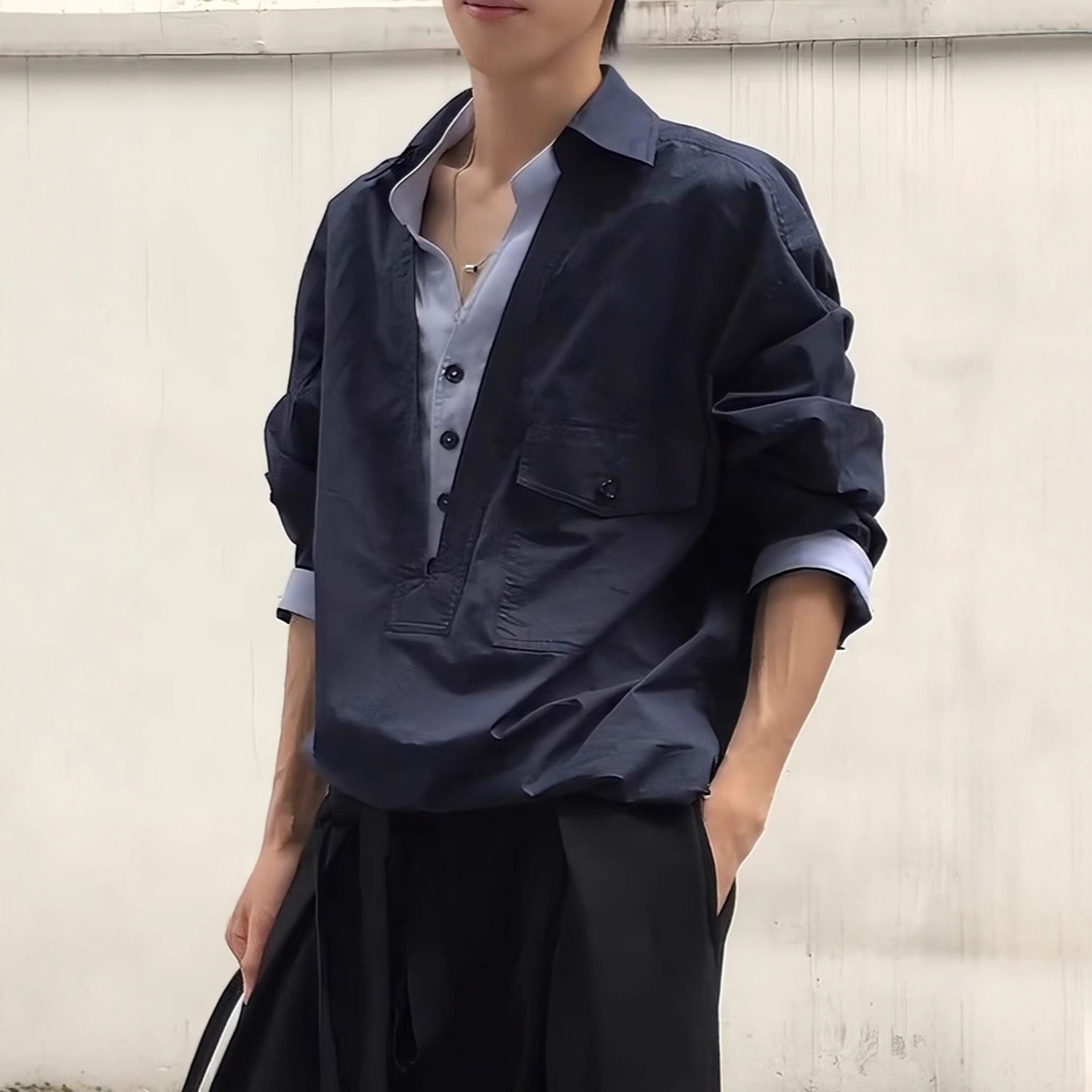 美式復古工裝假兩件日系拼接高級感長袖襯衫