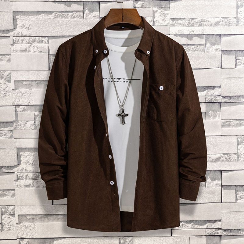 韓版寬鬆純色磨毛有口袋燈芯絨長袖襯衫