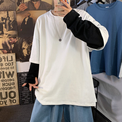 假兩件ins潮流圓領衛衣寬鬆高街長袖t恤