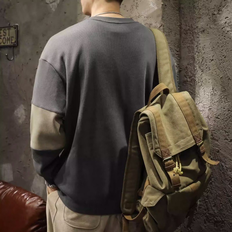 美式重磅青春時尚寬鬆寬鬆圓領拼色長袖T恤