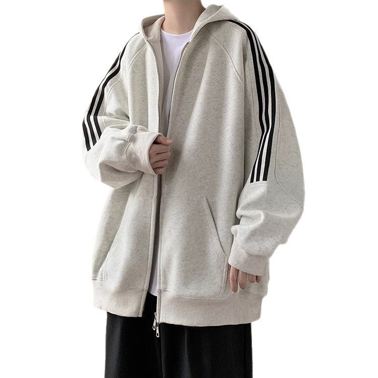 日系復古寬鬆休閒拉鏈條紋連帽外套