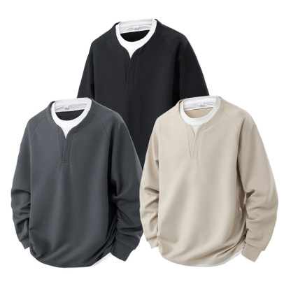 撞色假兩件V領華夫格休閒百搭長袖T恤