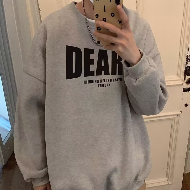 圓領刷毛字母印花大碼寬鬆重磅港風長袖T恤