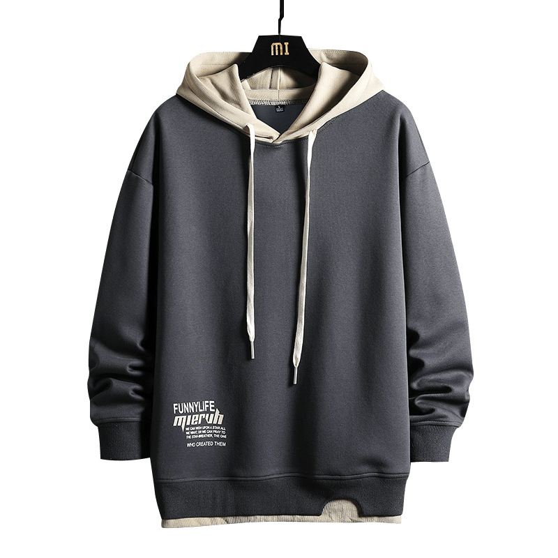 連帽長袖拼色假兩件撞色衛衣