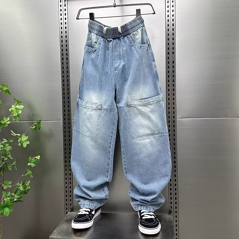 大口袋工裝水洗磨白復古痞帥寬鬆牛仔褲