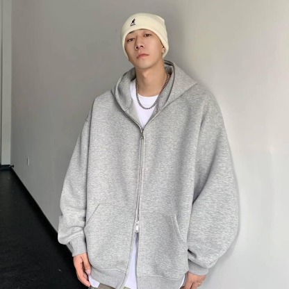 重磅時尚潮流寬鬆休閒素色開衫雙拉鏈連帽T