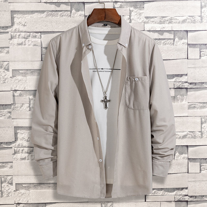 韓版寬鬆純色磨毛有口袋燈芯絨長袖襯衫