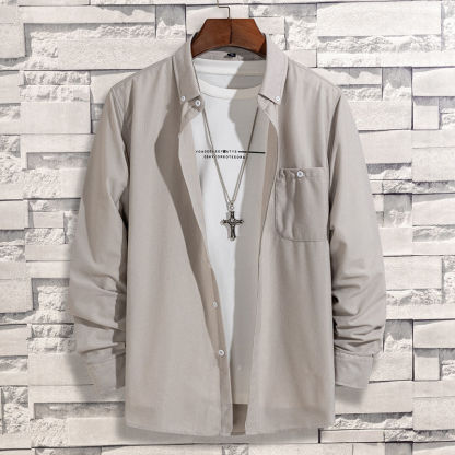 韓版寬鬆純色磨毛有口袋燈芯絨長袖襯衫