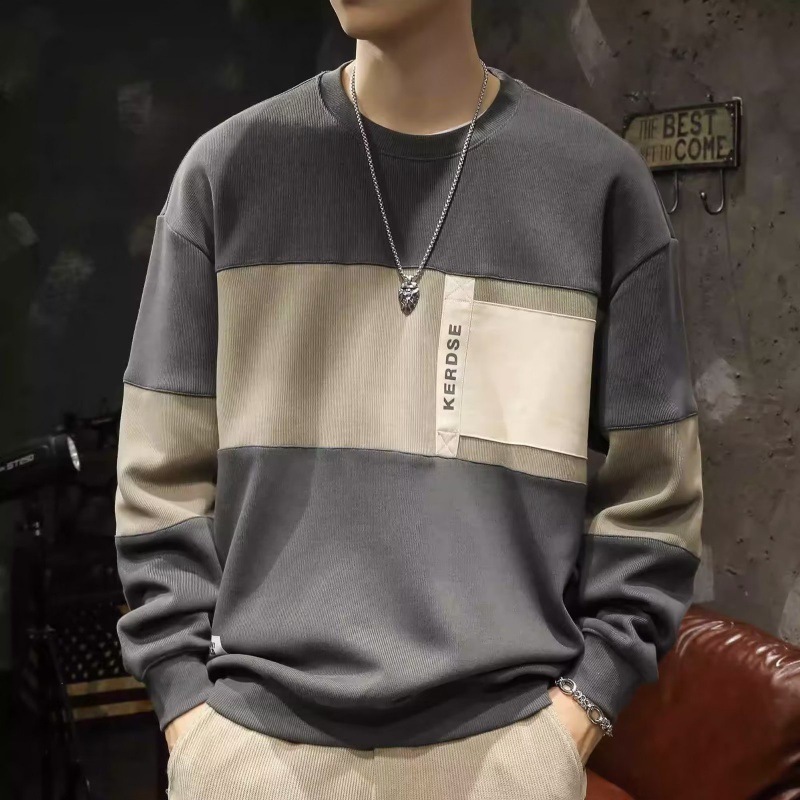 美式重磅青春時尚寬鬆寬鬆圓領拼色長袖T恤