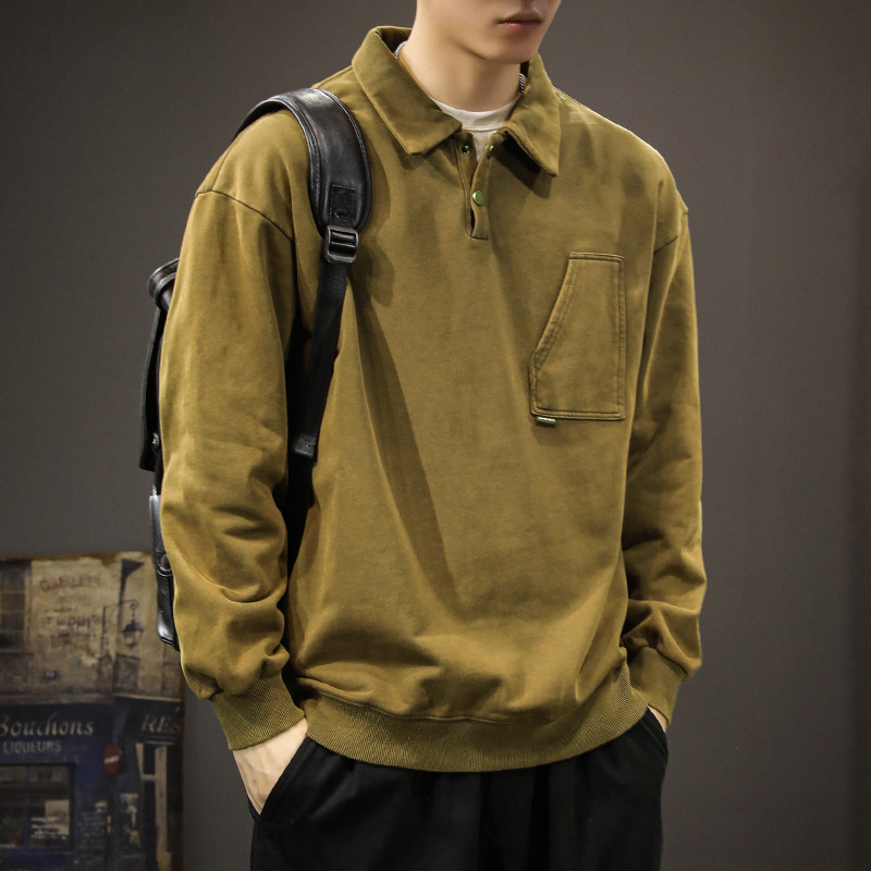 重磅美式復古POLO領寬松大碼百搭痞帥長袖衛衣