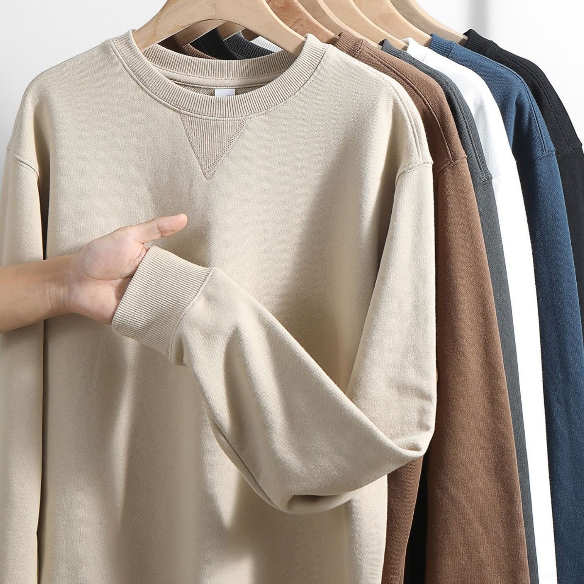 加厚重磅精梳棉圓領倒三角休閒長袖T恤