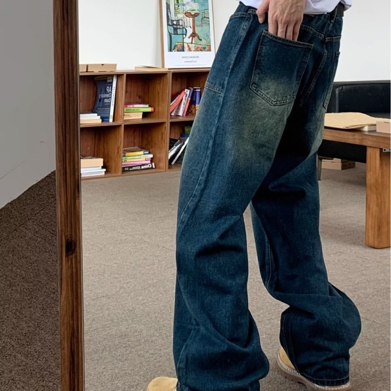 美式復古做舊牛仔垂感直筒寬鬆休閒拖地闊腿褲