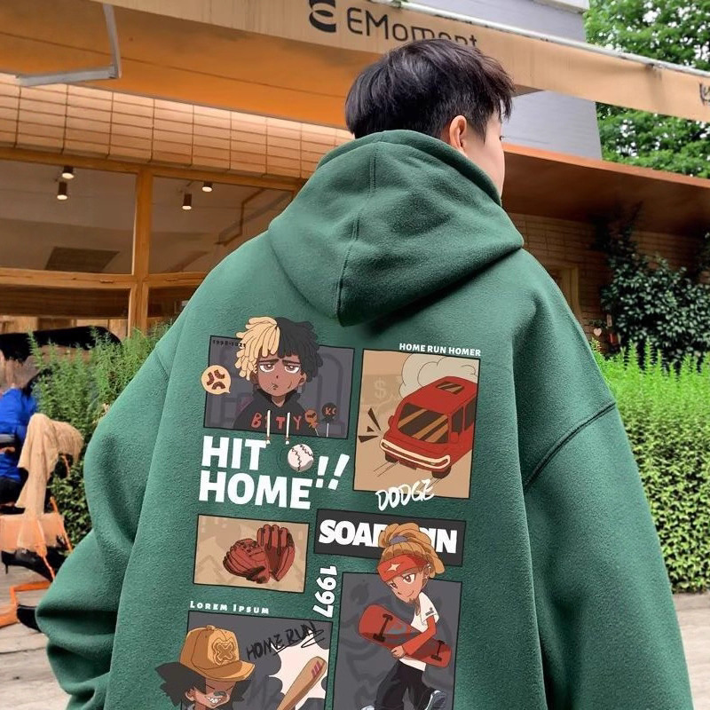 春秋款寬鬆美式重磅休閒套頭休閑印花連帽T